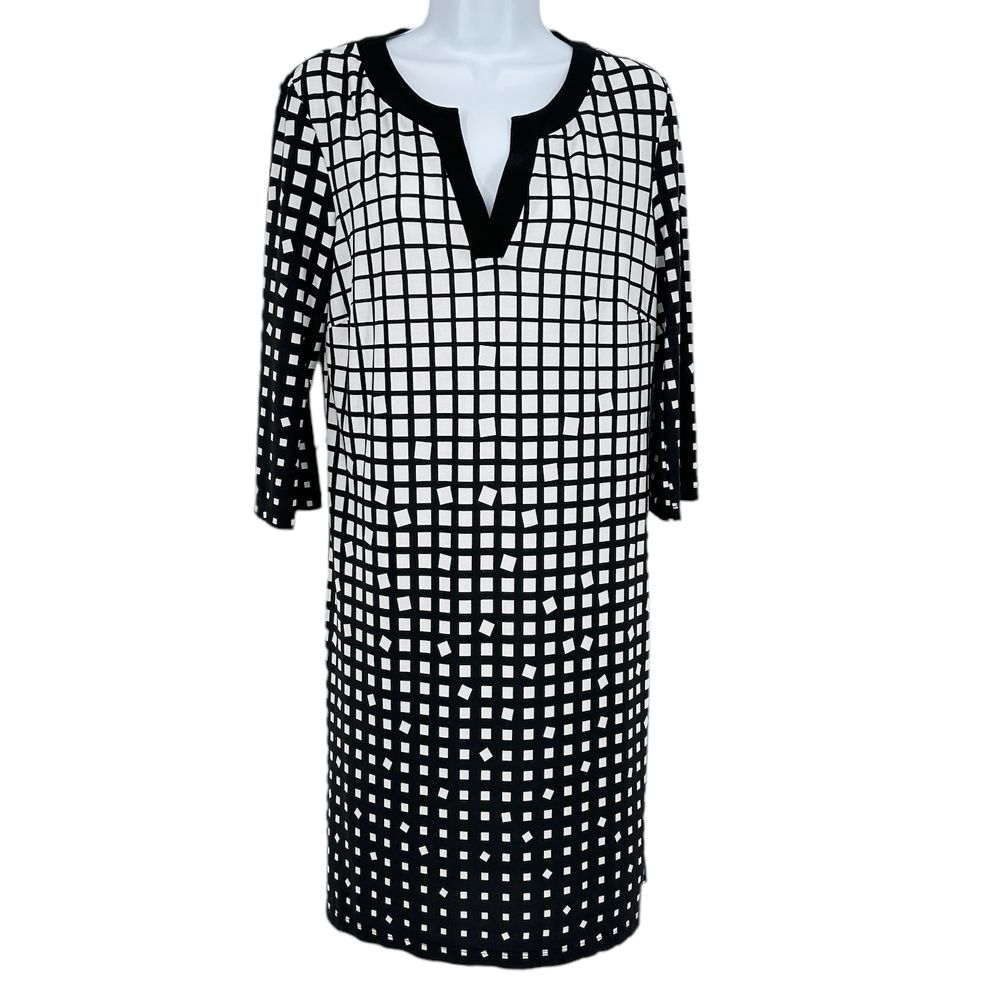Emma & Michele‎ Black and White Grid Print Shift Dress 3/4 Sleeve SZ M